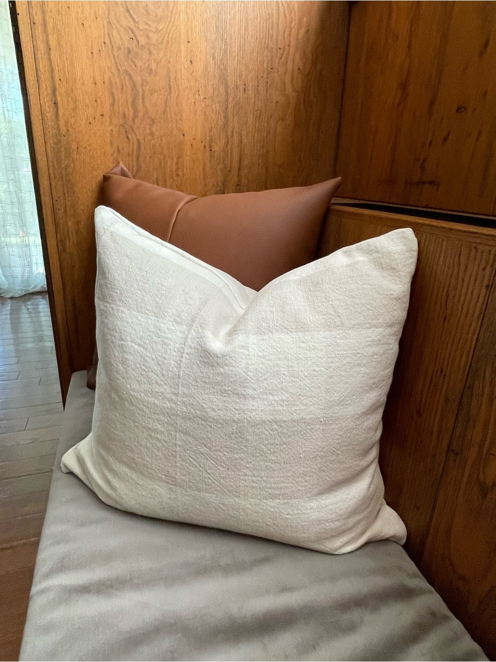 Cream and Beige Decorative Throw Pillow in Gingham Pattern, Handmade